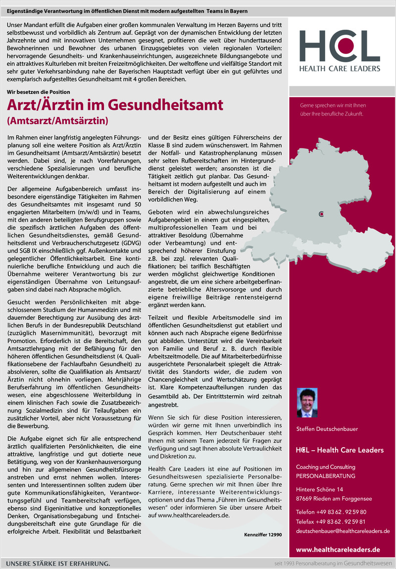 Stellenanzeige Arzt/rztin im Gesundheitsamt (m/w/d) Ref: 12990