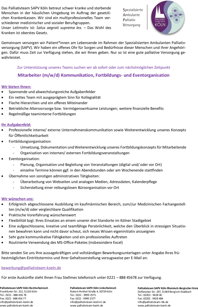 Stellenanzeige Mitarbeiter (m/w/d) Kommunikation, Fortbildungs- und Eventorganisation