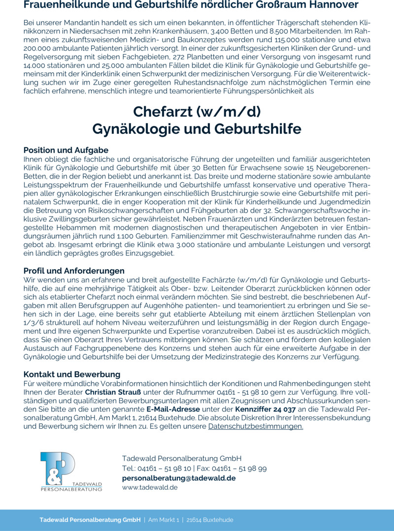 Stellenanzeige Chefarzt (w/m/d) Gynkologie und Geburtshilfe