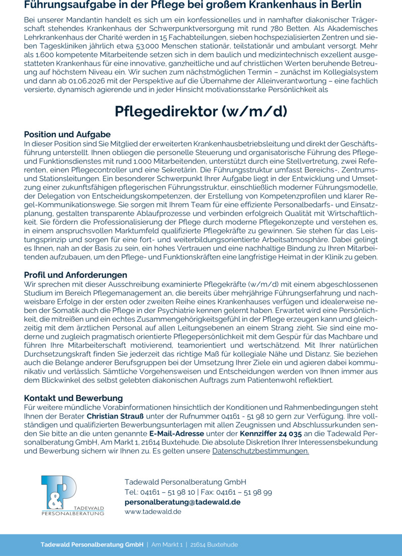 Stellenanzeige Pflegedirektor (w/m/d)